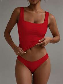 XLLAIS Áo tank top không tay cổ vuông màu trơn dành cho nữ, kiểu dáng ôm sát, màu đỏ, thích hợp cho dịp Giáng sinh, Năm mới, Lễ tình nhân và mùa hè. - Đỏ - Xem 3
