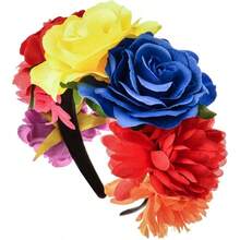 Mexican Flower Headband Halloween Cinco De Mayo Party Costume Day of Dead Headpiece - rojo, amarillo, azul, (Red yellow blue) - Ver 3
