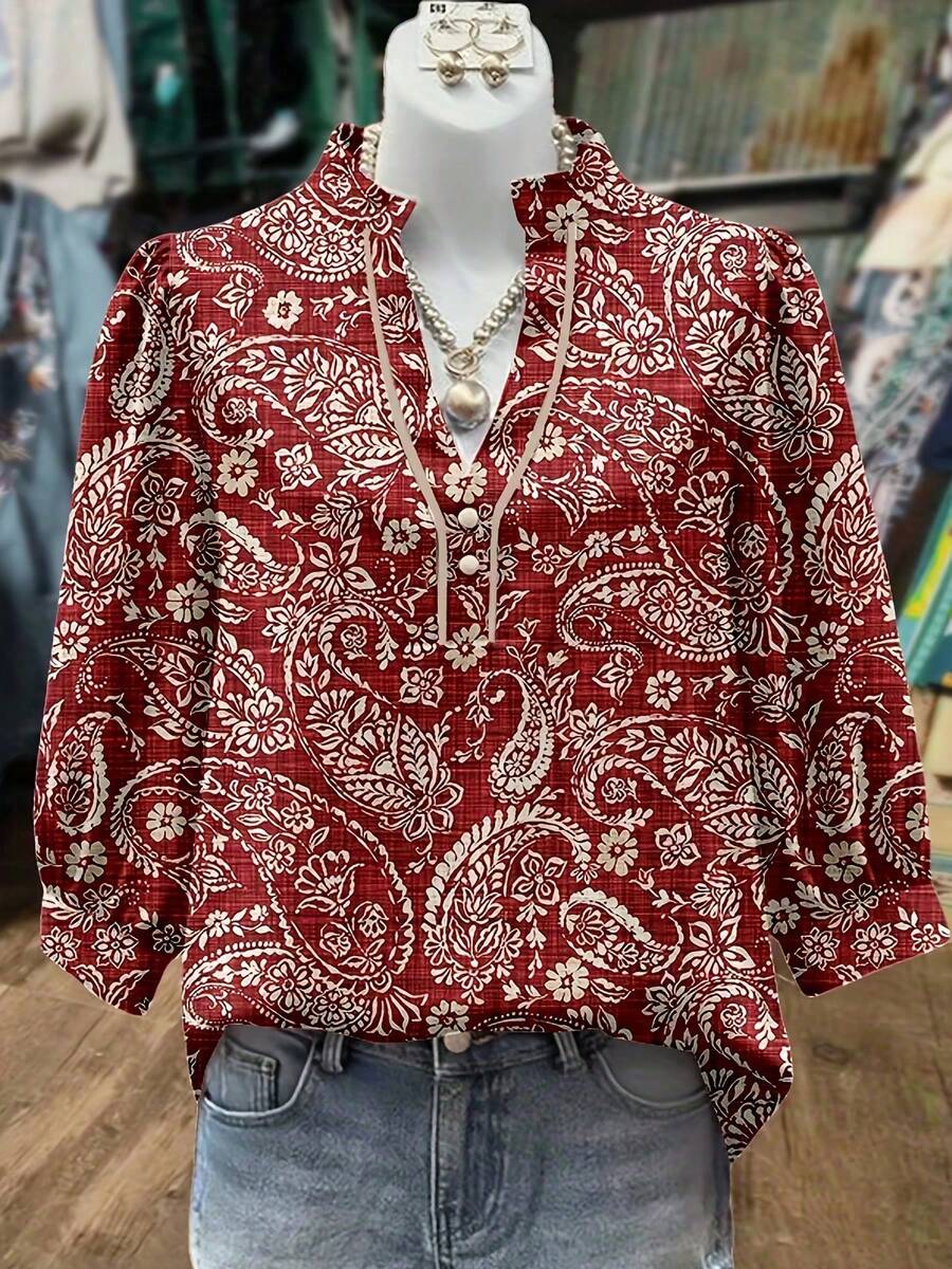 Women'S Boho Paisley Floral Blouse - Vintage -Inspired V-Neck Button-Front Top With Bell Sleeves, Loose Fit Long Sleeve Shirt In Red & White Paisley Print, All-Season Casual & Semi-Formal Wear, Breathable Comfortable Bohemian Style Blouse, Paisley Print Long Sleeve Top, Paisley Print Blouse, Paisley Top, Blouse For Women Dressy Casual, Women Top And Blouse, Button Up Shirt Women, Long Sleeve Blouse For Women, Fall Top For Women, Women Blouse And Shirt, Beautiful Blouse For Women - 磚紅色 - 查看 1