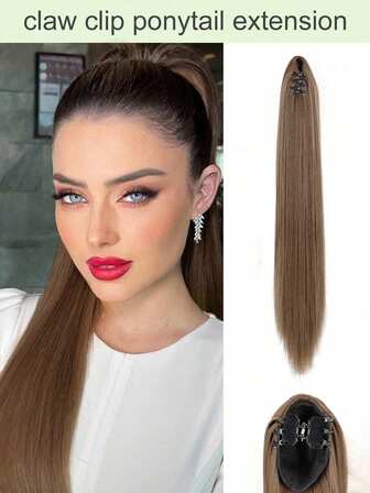 Ponytail Extension Claw Clip Hästsvanshårförlängning 24 tum lång rak hästsvanshår för kvinnor Syntetisk fiber Naturlig hårförlängning hästsvans för kvinnor Daglig användning (Ljusbrun)