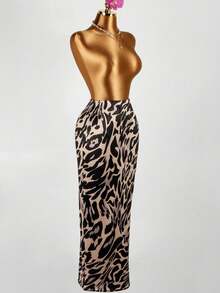 Saias Longas Elásticas com Estampa de Leopardo, Ajuste Regular, Colorblock Sexy de Verão, para Festas Femininas - Castanho - Visão 3