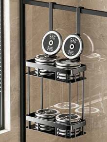 1pc 2-Tier Carbon Steel Bathroom Over The Door Organizer Rack, No Drilling Needed Shower Caddy, Bathroom Storage Shelf