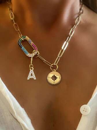 1pc STYLEVER Gold Letter Octagon Star Necklace, Paired With Blue Diamond Necklace And Stainless Steel Chain, Suitable For Work, Daily Life, Parties, Banquets And Balls. It Is A Unique And Luxurious Women's Necklace.