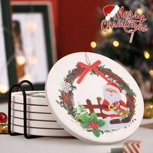 Posavasos de Cermica de Navidad Con Soporte - 6 Piezas Absorbentes de Regalo, Redondos de Pap Noel, Posavasos de Bebida Clsicos Para Mesa - Estilo Papá Noel - Ver 5