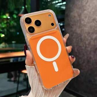 1 pieza Funda de teléfono magnética de acrílico compatible con iPhone 17/17 Air/17 Pro/17 Pro Max, color naranja, a prueba de golpes, resistente a los arañazos, transparente, también se adapta a 16/15/14/13/12/11 Pro Max Plus, 17 Pro Max, Funda para teléfono Apple, Funda para 17 Pro Max, magnética, funda de teléfono de silicona con esquinas transparentes y bolsa de aire a prueba de golpes, anti-caída, regalo de Navidad