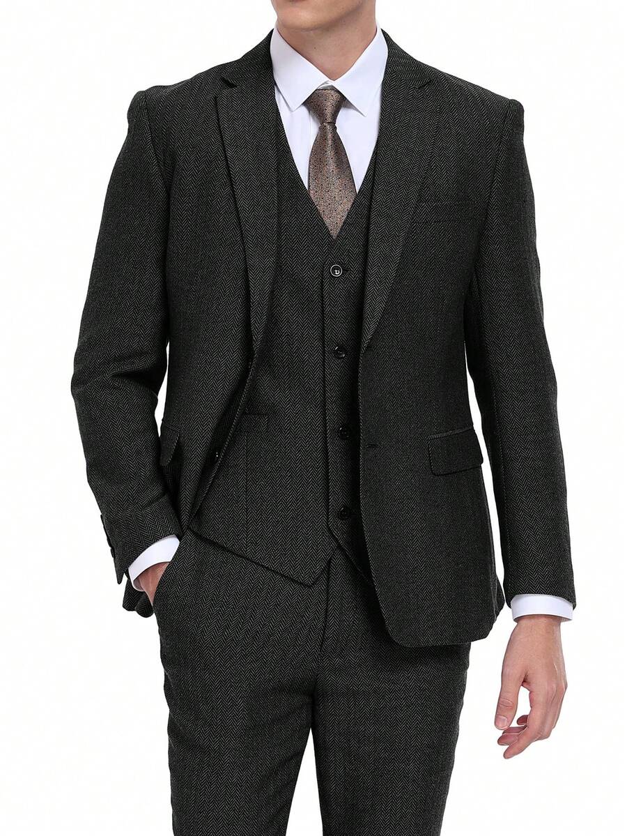 Bộ vest 3 món họa tiết xương cá dành cho nam, kiểu dáng ôm sát, thích hợp cho công sở, đám cưới, gồm áo khoác, áo vest và quần tây, phong cách cổ điển thanh lịch cho các buổi tiệc. - màu đen - Xem 1