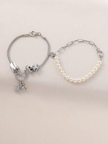 سوار جديد عصري مزدوج الطبقات للنساء، سلسلة عظم الثعبان باللؤلؤ مع قلادة نجمة وقمر وقلب ورسوم رباعية، إكسسوار فاخر مصنوع يدويًا - متعدد الألوان - مشاهدة 5