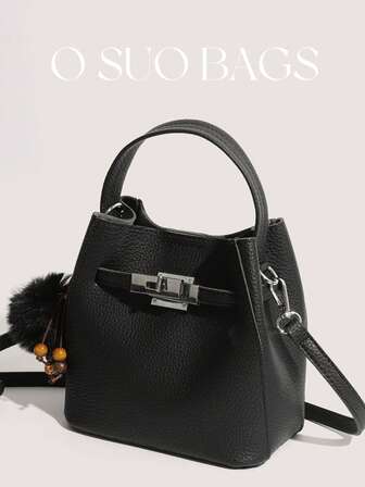 New Vintage PU Mini Bucket Bag, Commuter Style With Metal Buckle Decor, Plush Pendant, Comes With Inner Pouch, Can Be Worn As Shoulder Or Crossbody Bag