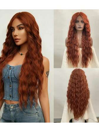 Christmas Gifts Fashion Synthetic 13X6 Lace Front Wig Wave Curly Extensions Hair For Woven High Temperture Rust Brown Burgundy Black Multicolour Hair 24 Inch Front Lace Wig For Women Used Daily Party Cosplay And New Year Gifts Wigs