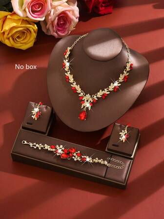 Luxury Wedding Party Jewelry Set, Rhinestone Decorated Shiny Necklace, Earrings, Bracelet Accessory Set For Gala