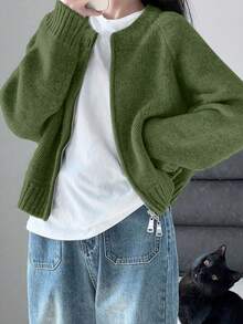 Warm Zip-Up Cardigan Sweater For Women, Autumn/Winter, Back To School Season - Grass Green - View 3