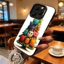 Funda para teléfono Árbol de Navidad Blanco con Diseño de Gatos Coloridos y Búho para iPhone 14 13 12 11 Pro Max y  Galaxy S23 S22 S21 S20 Regalo Ideal para Todas las Estaciones - Negro - Ver 2