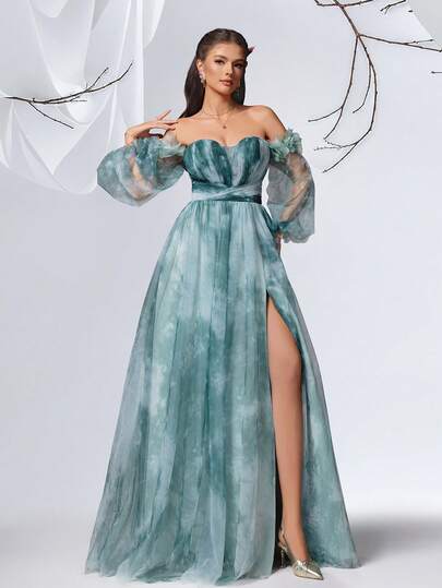 VIPGIRL Dreamy Elegant Off-Shoulder Gradient Blue Tulle A-Line Long Gown With Puff Sleeves And High Slit, Elegant Party, Prom Dresses For Women, Formal Evening Gown