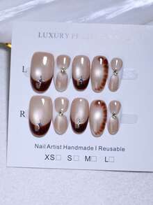 10pcs Short Oval Brown Cat Eye 100% Handmade Press On Nails - Star Accents & Rhinestones Nail Decoration False Nails | Reusable Long Lasting DIY Fake Nail Tips For Daily Wear And Holiday Nail Beauty - Mocha Brown - View 10