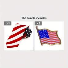 Men's Stars And Stripes Blue White Red American Flag Necktie 3.14" (8cm) - Cà vạt + Huy hiệu - Xem 12