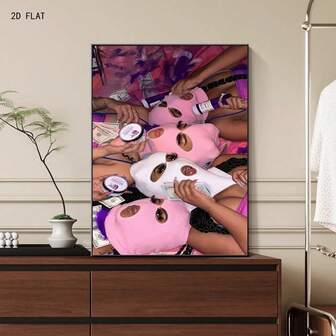 1 pieza Póster de arte de pared moderno que presenta a una persona vestida con ropa rosa, con una máscara rosa de estilo de dibujos animados como decoración. Diseño moderno y minimalista. Adecuado para decoración de paredes de dormitorio, sala de estar, estudio, pasillo. Póster de imagen imprimible. (Sin marco/Enmarcado)