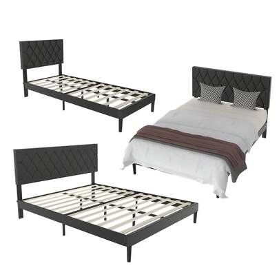 Upholstered Bed Frame With Headboard And Slatted Base, Metal Platform Bed Frame, Leather Slatted Base