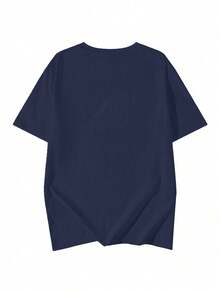 Japanese Style Women Loose Casual Crew Neck Cartoon Letter Print Short Sleeve T-Shirt, Spring/Summer - Dark Blue - View 6