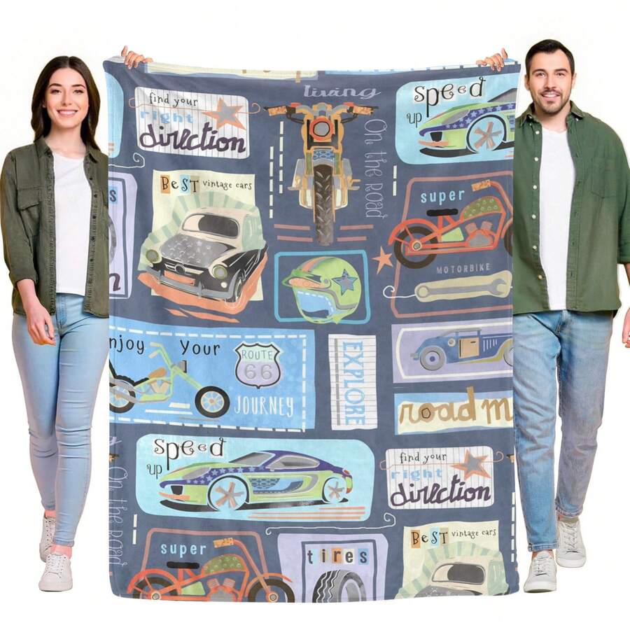 Ultra-Soft Vintage Vehicle & Route 66 Pattern Print Flannel Throw Blanket - Retro Road Trip Theme Design Office Nap Blanket. Outdoor Warm Blanket, Winter Warm Bed Mat Blanket, Sofa Blanket, Travel Blanket, Bedsheet Blanket, Air Conditioning Blanket, Car Seat Warm Shawl Blanket, Gift For Friends-Car Lover Decorative Blanket,Cute Gift(Multiple Sizes) - 印刷 - 查看 1
