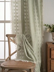 1pc Green & Beige Bohemian Tassel Hollow-Out Jacquard Knit Curtain, Nordic Style Pure Living Room Bedroom Home Decor, Holiday & New Year Decoration - Green - View 10