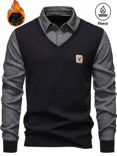 1pc Men's Autumn/Winter 2 In 1 Polo Collar Patchwork Casual Light Blue Deer Pattern Knit Sweater, Long Sleeve, Can Be Worn Inside Or Outside