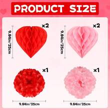 6 Pcs Valentine's Party Decoration Set 10 Inch (25cm)Red Heart Honeycomb Tissue Paper Pom Poms Pink Hanging Paper Flower Ball DIY Art Craft Blooms Flower Balls For Anniversaries Wedding Party Decor - Red + Pink - View 8