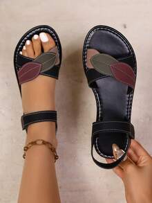 2026 New Women's Flat Sandals, Green Leaf Shaped Backstrap Ladies Sandals, Anti-Slip, Ideal For Vacation And Party - Black - View 7