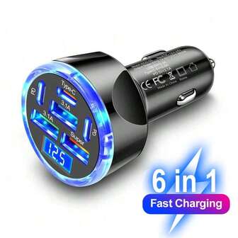 1个6口车载充电器，支持PD QC3.0快充，USB-C接口，车载手机充电器，Type-C适配器，兼容 16/15/14/13