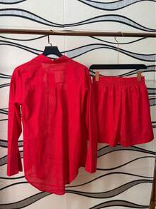 Imported Women's Linen Shirt /Button/Lining/ /Women's, 2-Piece Shirt/Shorts With Elasticated Lining - 紅色 - 查看 4