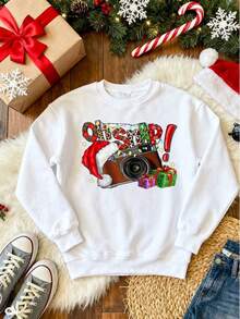 Sudadera para Mujeres con Estampado de Cámara, Gorro de Santa y Regalos, Ideal para Fiestas de Navidad, Reuniones Familiares, Regalo para Amantes de la Fotografía y la Temporada Festiva, Diseño Casual y Festivo, Confortable y Atrayente - Blanco - Ver 3