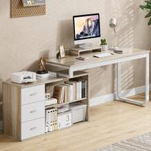 55 Inch Reversible L Shaped Desk With 3 Drawers, L Shaped Desk Long Desk Corner Desk With Removable Monitor Stand, White Craft Desk With Storage, Modern Study Writing Table For Home Office, Bedroom Walnut/ White/ Black - 核桃 - 查看 6
