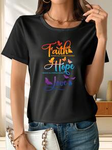 Spring Tops Colorful Letter Theme Printed Women's T-Shirt, Round Neck Short Sleeve Sports T-Shirt, Summer Women's Clothing, Loose And Comfortable Summer Women's Clothing - 白色 - 查看 9