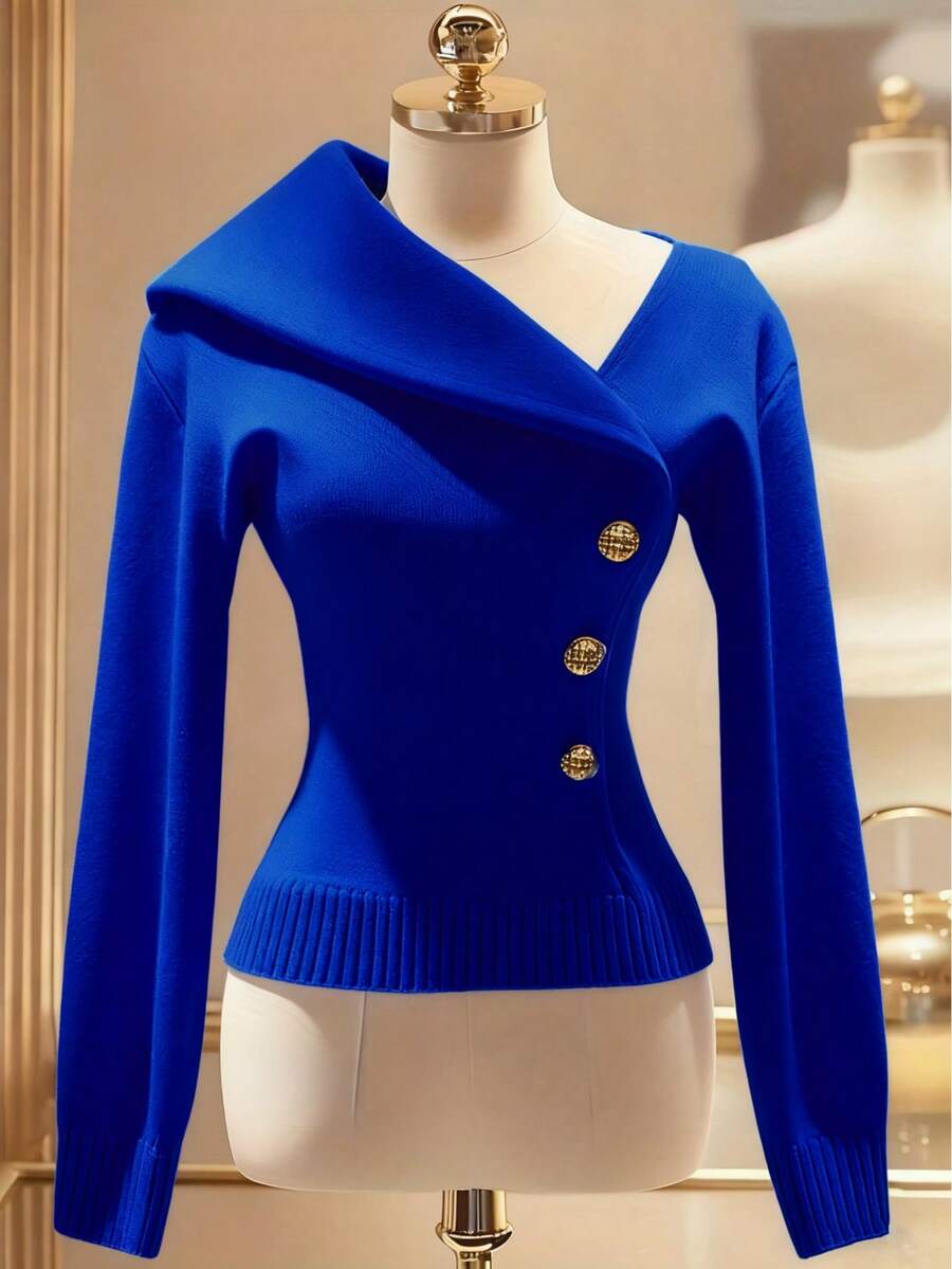 女士优雅休闲针织套头毛衣，大翻领，单排扣金属纽扣设计，舒适纯色罗纹不对称下摆，秋冬款 - 克萊因藍色 - 查看 1