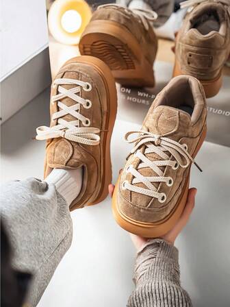 Plus Size Men's Casual Shoes, Autumn/Winter, Suede Material, Chunky Sneakers, Retro Classic Color, Platform Thick Sole, Lace-Up Low-Top Comfortable Lining, Outdoor Casual Daily Versatile Birkenstocks