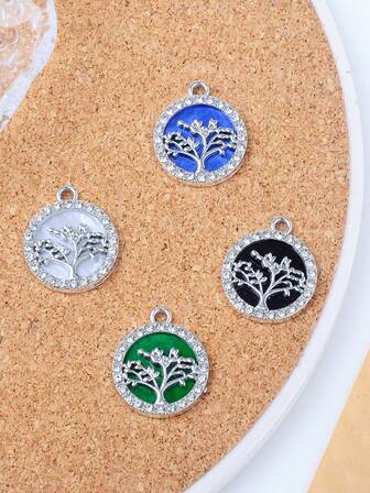 5件套合金材质饰品配件彩色水钻生命树圆形吊坠钥匙扣手机挂绳男女通用日常使用