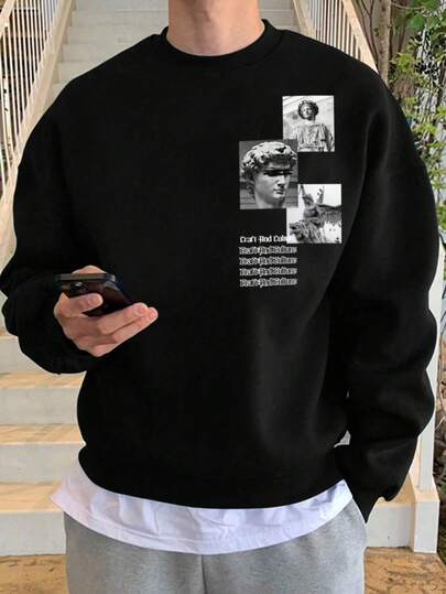 Hombre004 Sudadera de cuello redondo para ,Envío desde México|Camiseta negra con diseños clásicos inspirados en estatuas, una pieza única que combina arte y estilo, perfecta para aquellos que aprecian la cultura antigua y el diseño contemporáneo