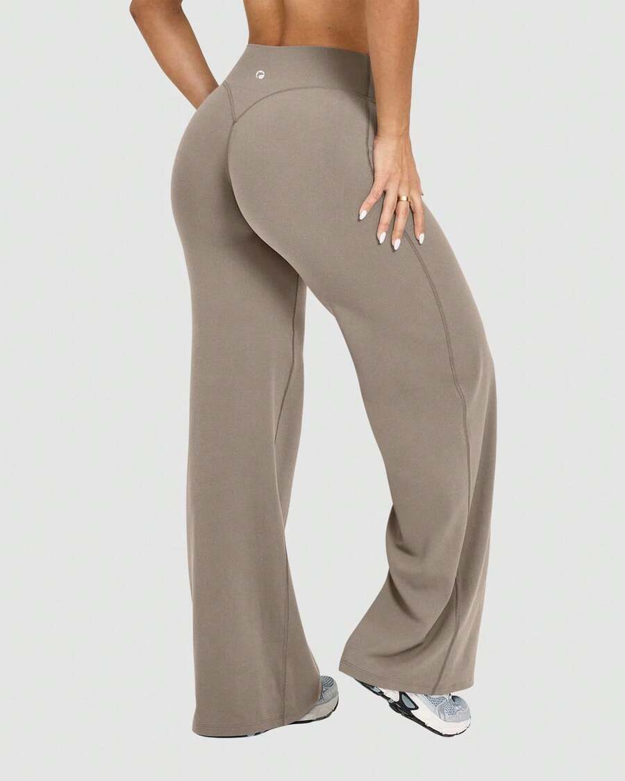OQQ Yoga Pants Women High Waist Stretch Casual Soft Straight Leg Bottoms - Phiên bản dài nhất của màu nâu xám - Xem 1