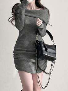 Elegant & Chic Korean Style Asymmetrical Collar Thick Waist Pleated Slim Fit Bodycon Dress - Grey - View 3