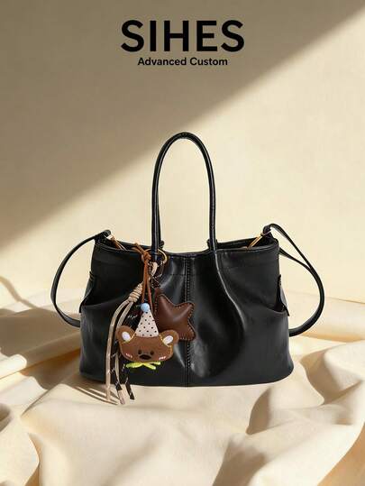 1pc Solid Color PU Leather Women's Shoulder Bag, Fashion Large Capacity Bucket Handbag, Pleated Design, Adjustable Strap, Suitable For Travel, Shopping, Dating, Ideal Gift For Women, Teens, College Students, Beginners And Working Women, Applicable For Office, School, Work, Business, Commuting, Outdoor, Travel, Picnic, Etc. (Pendant Included)