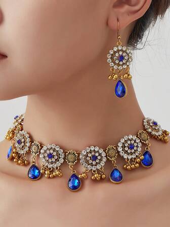 1pc Vintage Geometric Oval & Teardrop Necklace, 1 Pair Oval & Teardrop Earrings, Suitable For Daily Wear, Beach Vacation, And Parties