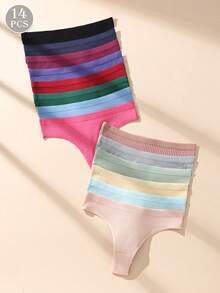 14 piezas de bragas tipo tanga de algodón acanalado multicolor y sexy para mujeres, ropa interior cómoda y minimalista, sin costuras, suave y amigable con la piel - Multicolor - Ver 7