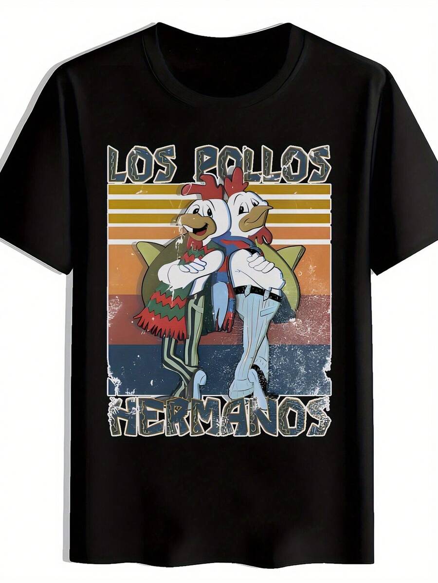 Camiseta gráfica de Los Pollos Hermanos para hombres - Camiseta casual negra de verano con estampado de pollo de dibujos animados. Poliéster ligero. Perfecto para viajar. Playa. y Diversión Navideña - Negro - Ver 1