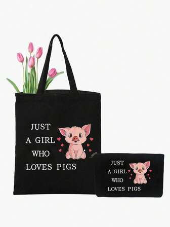 1/2 piezas Bolsa de maquillaje y bolso de mano con estampado de cerdito lindo y divertido, Bolsa de maquillaje con patrón de cerdito lindo, Bolso de mano con estampado "Solo una chica que ama a los cerdos", Bolsa de aseo portátil, Bolsa de maquillaje de viaje, Bolsa de aseo, Adecuado para el almacenamiento de cosméticos de las mujeres