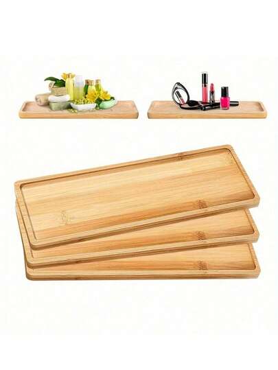 1 pieza/3 piezas Bandeja de servir rectangular de madera de bambú - Bandejas de baño de uso múltiple para organizador sobre el tanque del inodoro, exhibición de tocador, decoración de encimera, soporte para café, té y aperitivos, exhibición de perfumes, bandeja con tema floral de madera con encanto rústico y aroma natural