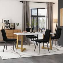 Dining Room Set (117 X 68 Cm Dining Table And 4 Chairs), Rectangular Modern Kitchen Dining Table With Tablecloth, Black Double-Grain Velvet Dining Table And Kitchen Chairs, Gold Table Legs - Black - View 1