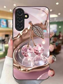 Pink Crystal Cherry Tempered Glass Phone Case Suitable For Compatible With Samsung Galaxy S25/24/23/22/21 Ultra/FE/+,A71/56/55/54/53/52/36/35/34/32/26/25/24/23/16/15/14,As Well As IPhone17,16, 15, 14, 13, 12, 11, PRO MAX,PLUS,Air,Fashion Creative Design New Mobile Phone Case - 彩色 - 查看 1