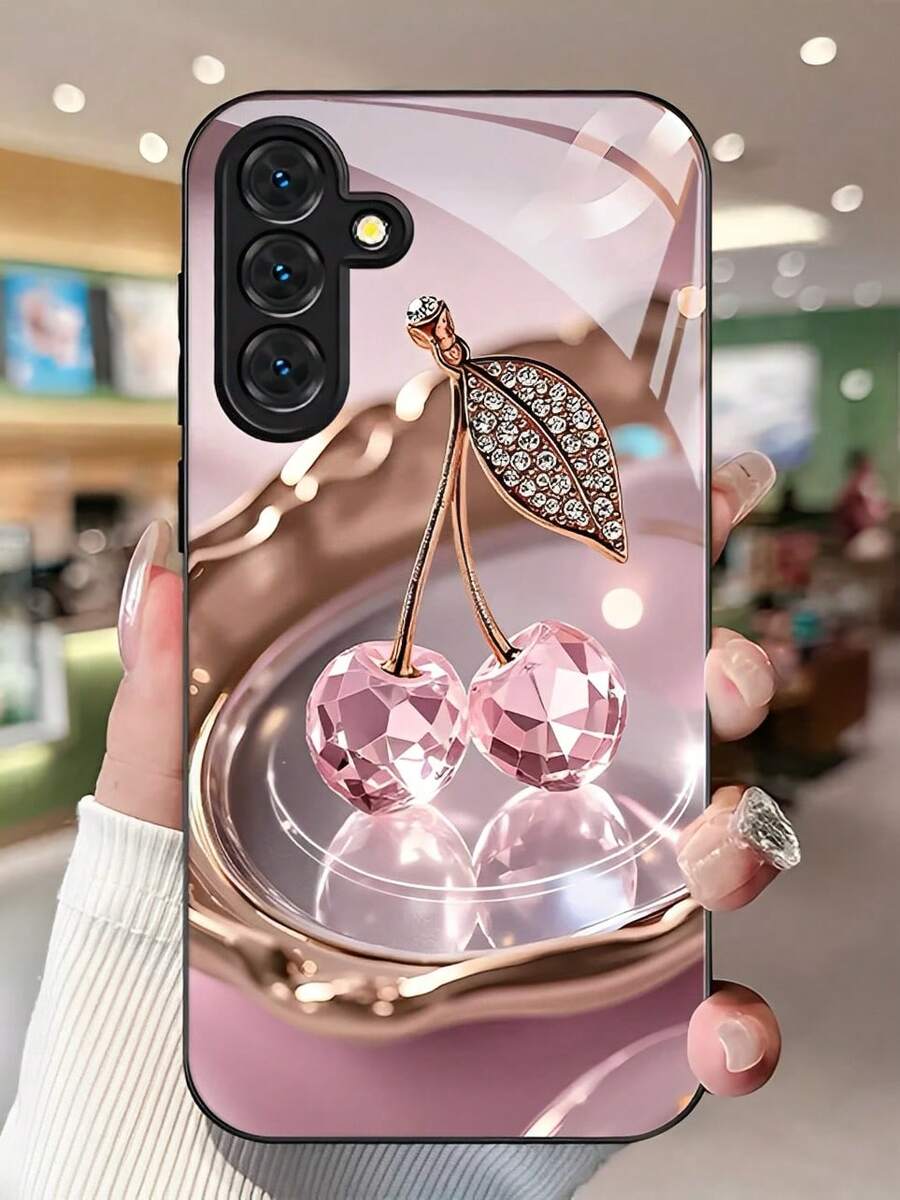 Pink Crystal Cherry Tempered Glass Phone Case Suitable For Compatible With Samsung Galaxy S25/24/23/22/21 Ultra/FE/+,A71/56/55/54/53/52/36/35/34/32/26/25/24/23/16/15/14,As Well As IPhone17,16, 15, 14, 13, 12, 11, PRO MAX,PLUS,Air,Fashion Creative Design New Mobile Phone Case - 彩色 - 查看 1