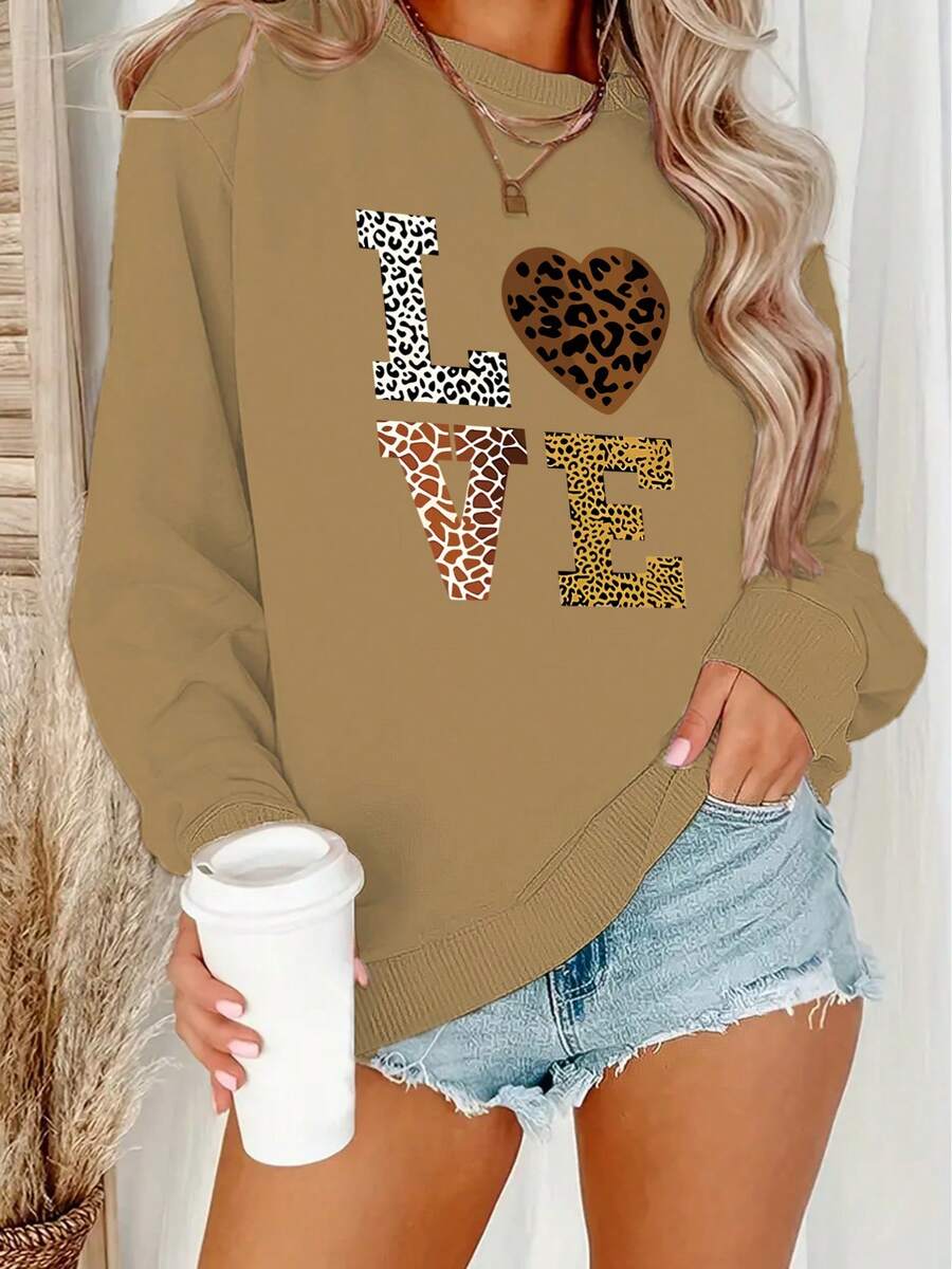 2026 Valentine's Day "LOVE" Pattern Printed Sweatshirt - Leopard Print And Glitter Decoration, Plus Size Women's Casual Long Sleeve Round Neck, Autumn And Winter Machine Washable Polyester Fabric, Suitable For Cheerleading Uniforms And Daily Outfits, Comfortable Fabric, Valentine's Day Gift Loose And Comfortable Winter Clothes For Women Women's Coats - 卡其色 - 查看 1
