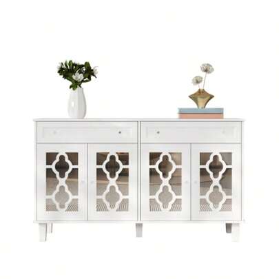 Dining Cabinet With Four Mirrored Doors, Drawer Unit With Adjustable Shelf And Crystal Handle