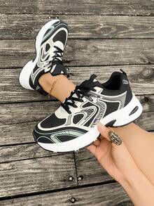 Women's Color - Block Chunky Sneakers, Mesh - Breathable, Retro Dad - Shoe Style, Comfortable For Running And Casual Sports .Soft Leather Thick-Soled Height-Enhancing Sneakers, Women's Breathable Mesh 2025 Spring, Summer And Autumn New Casual Running Shoes, Music Festival Millennial Style Back To School Must-Have - đen. - Xem 5